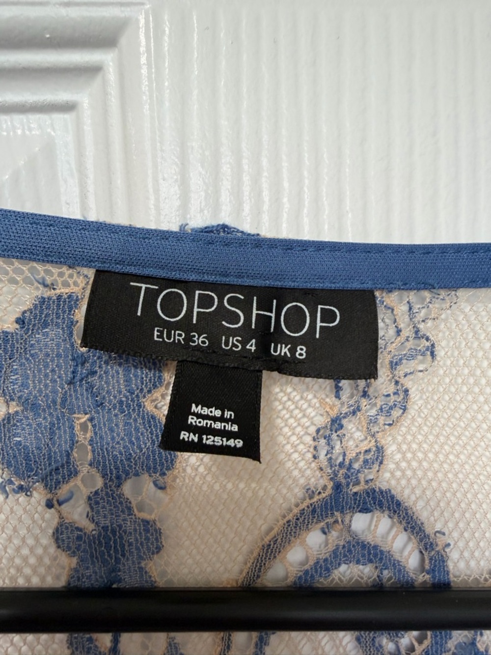 Topshop Blue Lace V-Neck Sheer Balloon Sleeve Blouse - Picture 3 of 7
